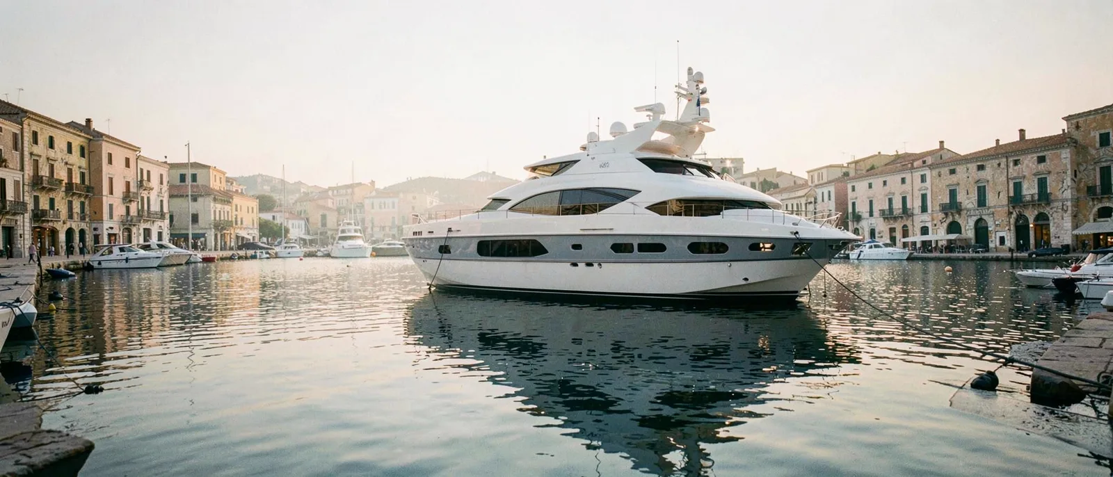 Motor yacht lying at anchor in a Mediterranean old-port harbour at first light