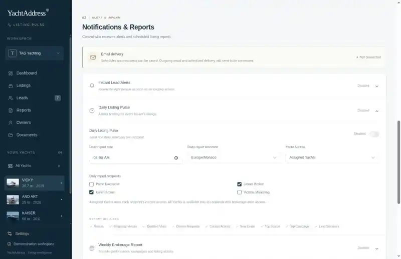 Demonstration alerts and scheduled reports settings with email delivery shown as not connected