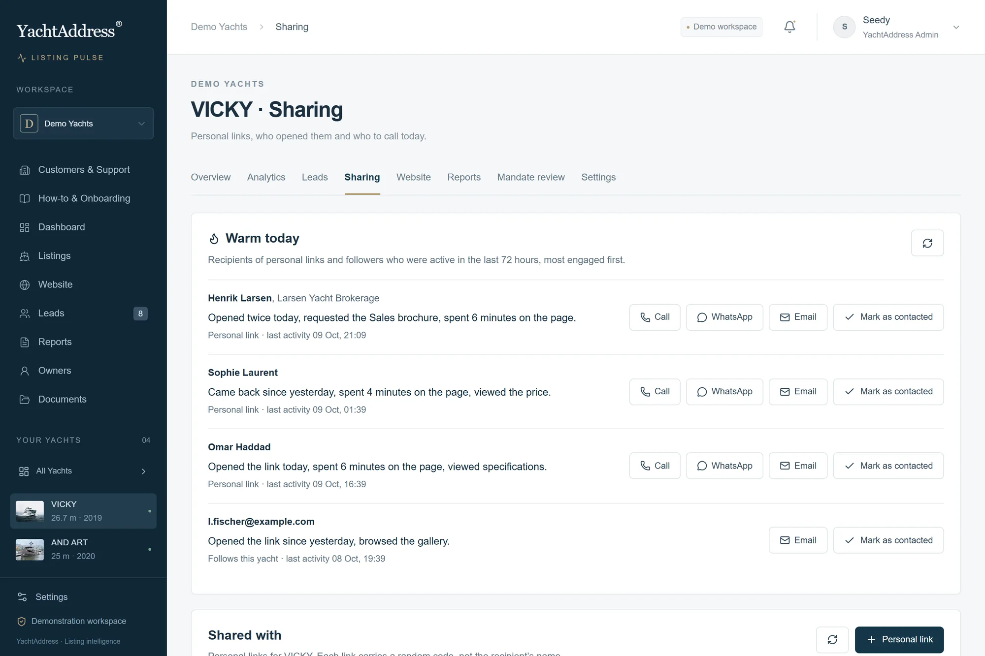 A yacht in Listing Pulse with Warm today and Shared with, demonstration data.